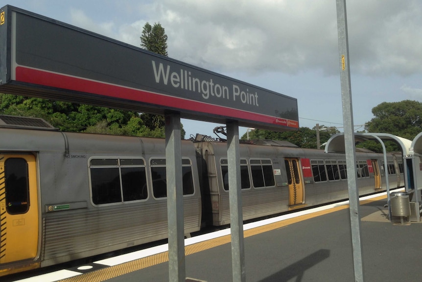 train at a railway station with Wellington Station sign in the foreground