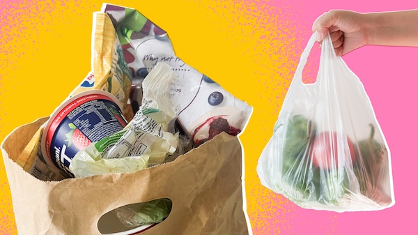 On the left is a brown bag of groceries, on the right is a person's hand holding a plastic bag of food