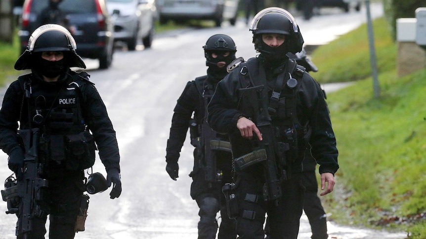French police special forces, north-east of Paris where the two armed suspects from attack on Charlie Hebdo were reportedly spotted
