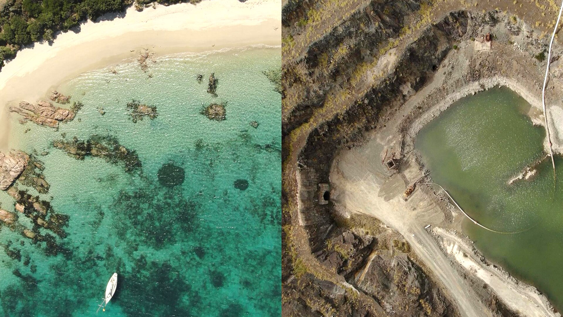 A composite image of a beach with clear blue water and a open pit mine with green dirty water in it.