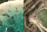 A composite image of a beach with clear blue water and a open pit mine with green dirty water in it.