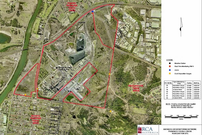 Aerial map of Pasminco smelter site showing monitoring points on site and near existing houses and school