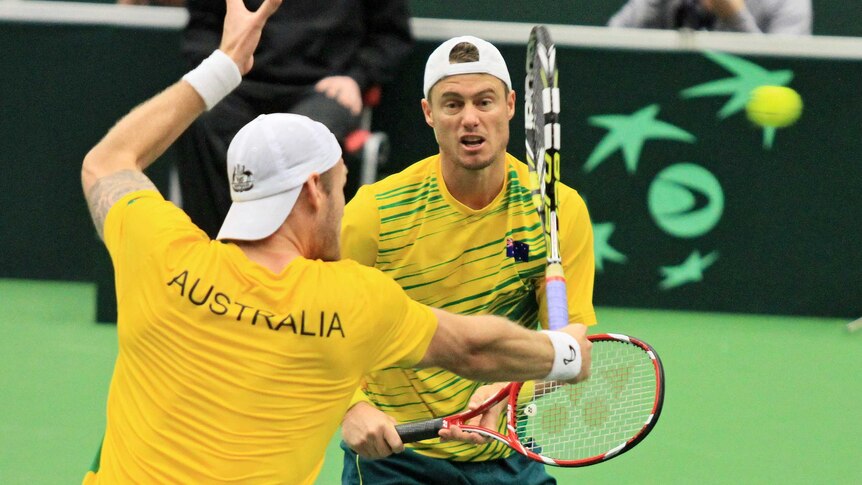 Australians Leyton Hewitt and Sam Groth play the Czech Republic in Davis Cup doubles in Ostrava.