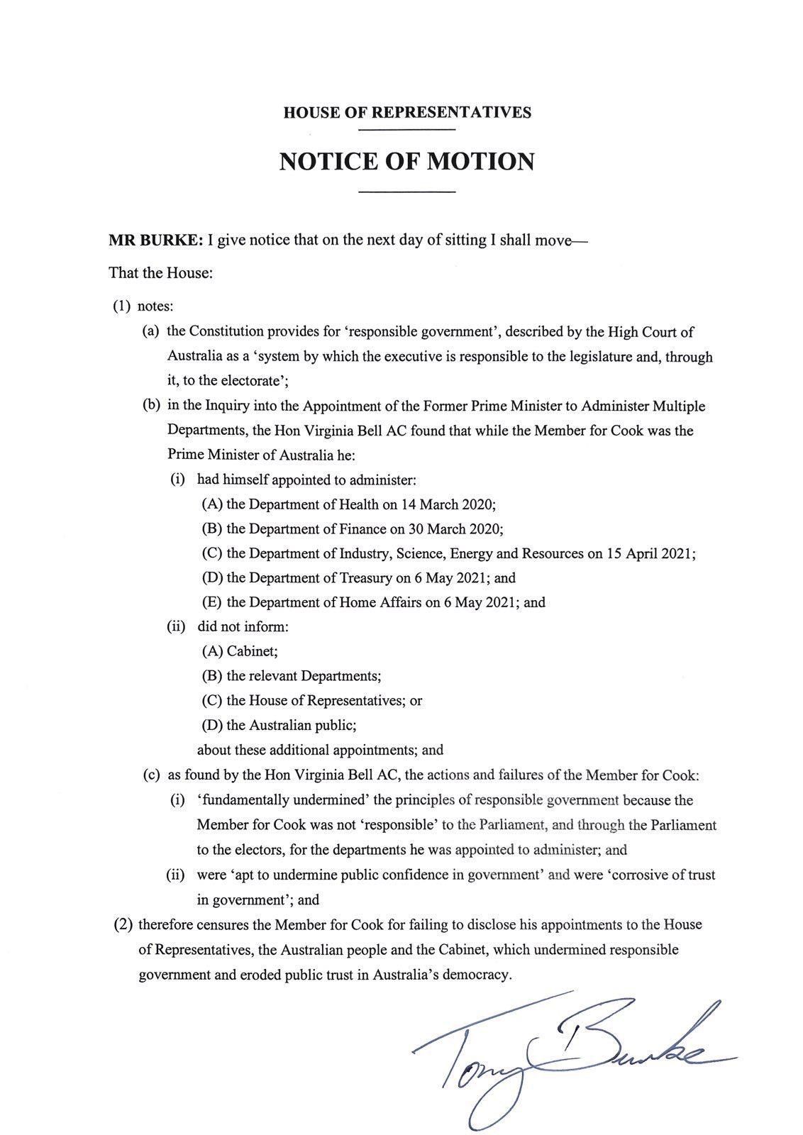 A document of the notice of motion to the House of Representatives