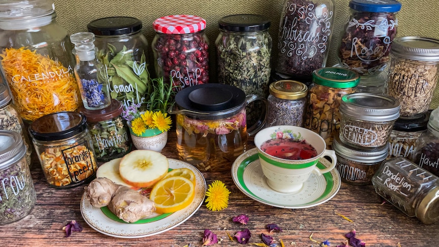 A collection of jars of dehydrated ingredients, colourful petals and leaves, arranged on a bench around a cup of ginger tea.