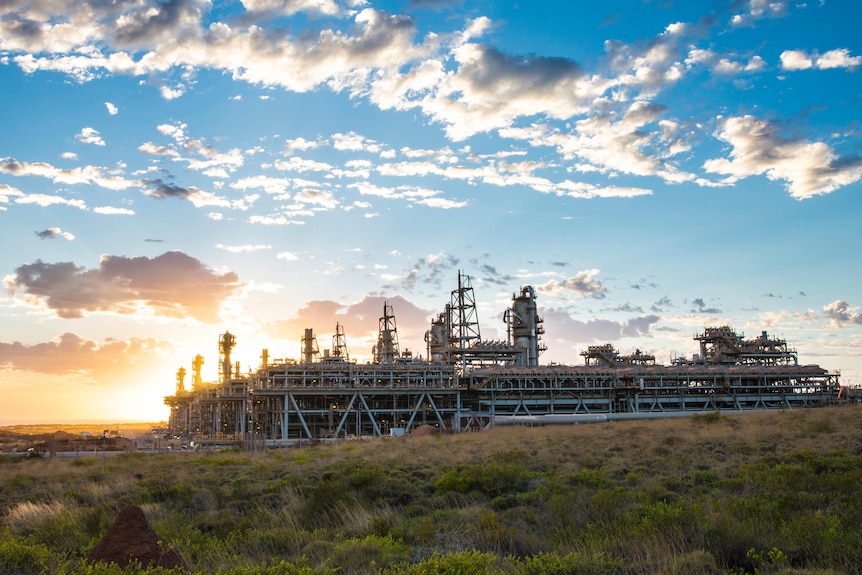 Gas plant infrastructure on a scrubby island at sunrise.