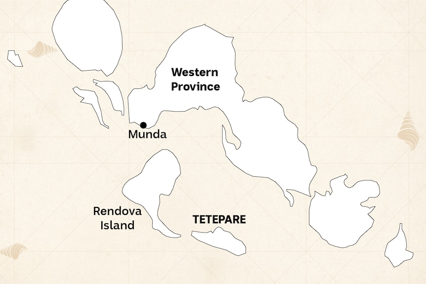 A map in sepia tones showing  Tetepare island in relation to neighbouring Rendova island in Solomon Islands' Western province. 