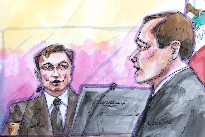 An illustration shows a man in a suit siting in a witness box in front of a computer screen while a lawyer stands nearby.