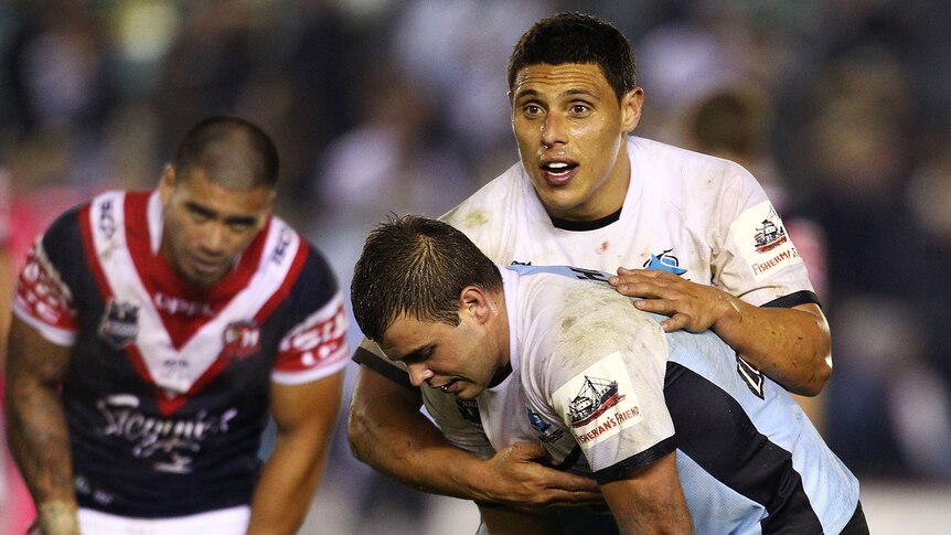 Anthony Tupou and Wade Graham after the Sharks' draw with the Roosters.