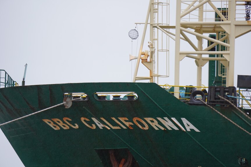 A bulk carrier with "BBC California" written on the prow.