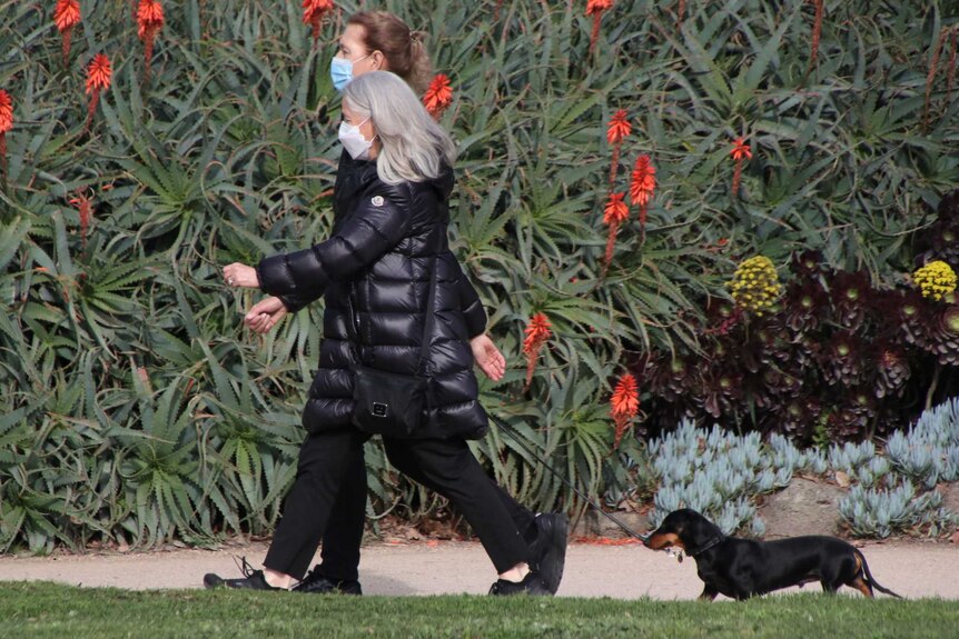 Two women walk side-by-side on the Tan walking track followed by a sausage dog.