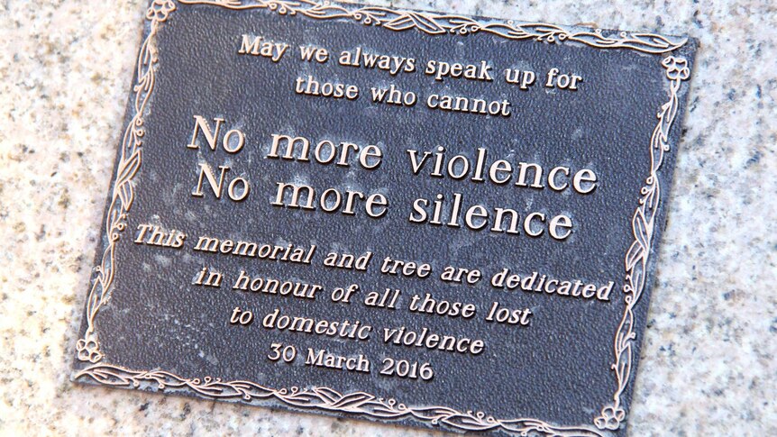 Close up of the message on the first memorial for those lost to domestic violence.