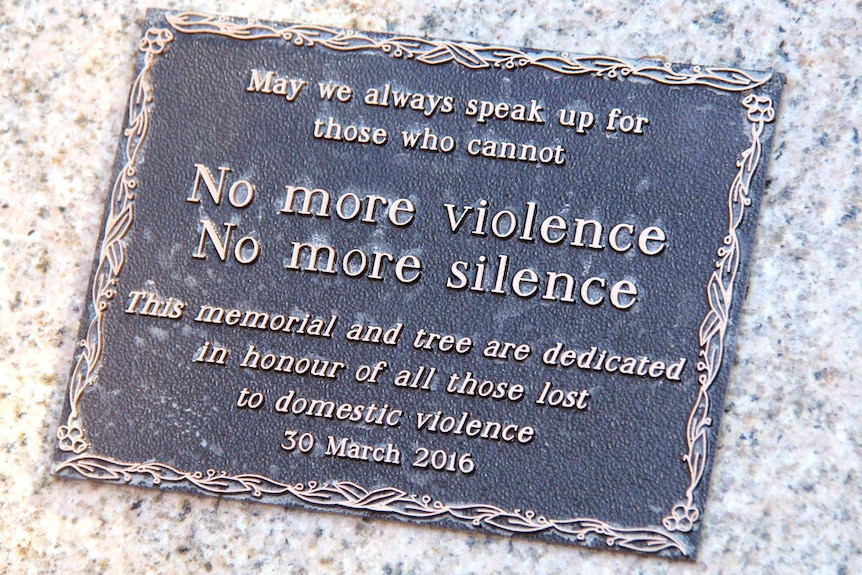 Close up of the message on the first memorial for those lost to domestic violence.