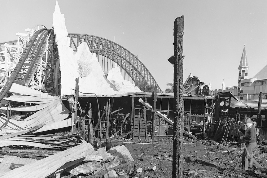 The burnt out Ghost Train at Luna Park