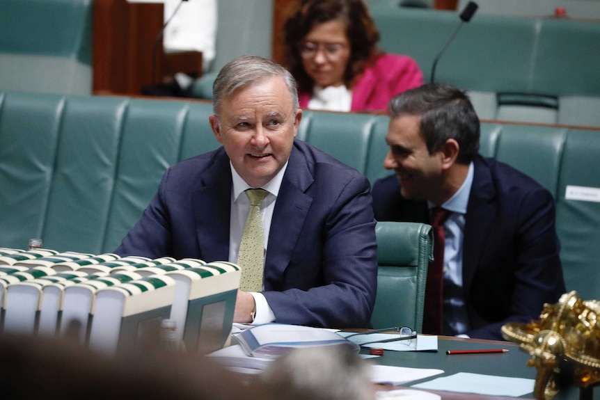 Albanese is sitting in his chair giving a half smile.