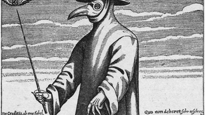 Circa 1656, A plague doctor in protective clothing (Hulton Archive/Getty Images)