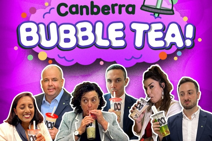 Canberra Bubble Tea! logo. Six federal politicians pictured sipping bubble tea. 