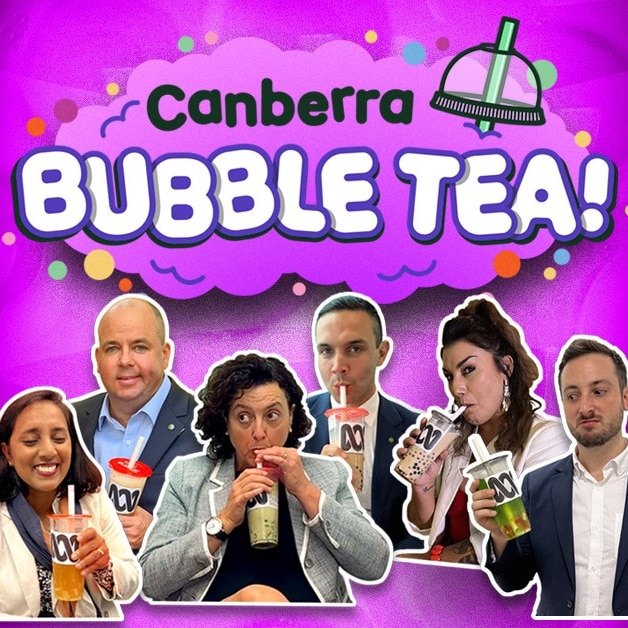 Canberra Bubble Tea! logo. Six federal politicians pictured sipping bubble tea. 