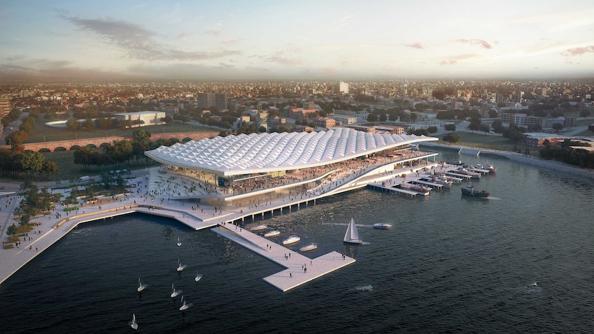 a rendering of a building in a Sydney harbour