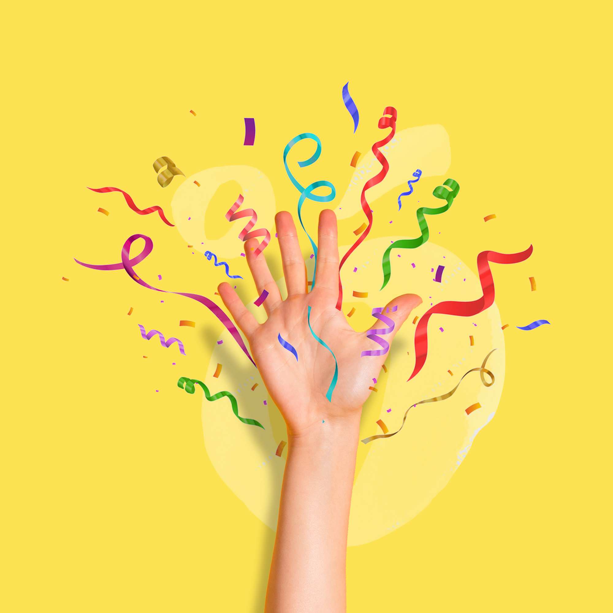 Celebratory streamers surround a hand open toward the sky, sitting on a bright yellow background.