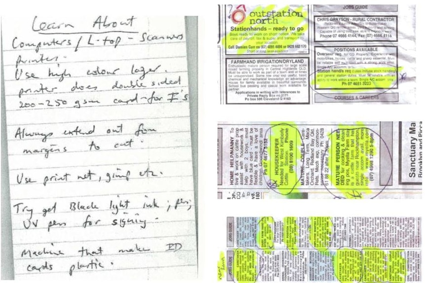 Hand written notes and highlighted job adds in a newspaper.