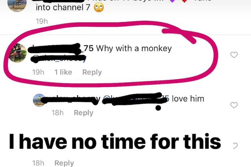 A circled comment on Instagram where Eddie Betts is referred to as a 'monkey'.