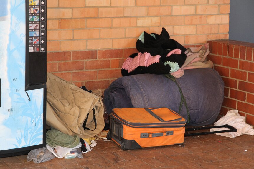 A mattress, case, blanket and food of a homeless person in Albury.