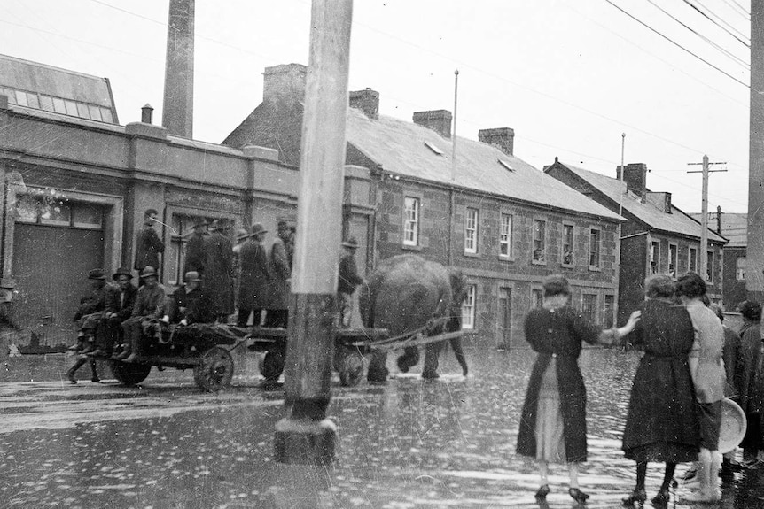Elephant pulls a cart in Wapping in early Hobart