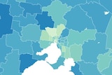 A graphic map of Victoria with different postcode areas filled with different shades of blue.