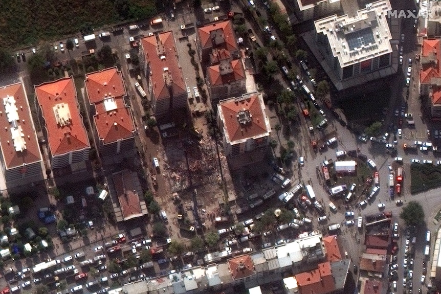 Satellite photo of a collapsed building following an earthquake