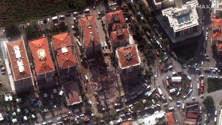 Satellite photo of a collapsed building following an earthquake