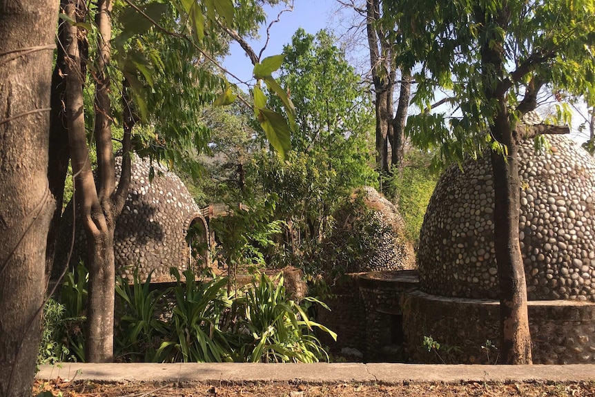 Meditation huts on the grounds of the "Beatles' Ashram", Rishikesh.