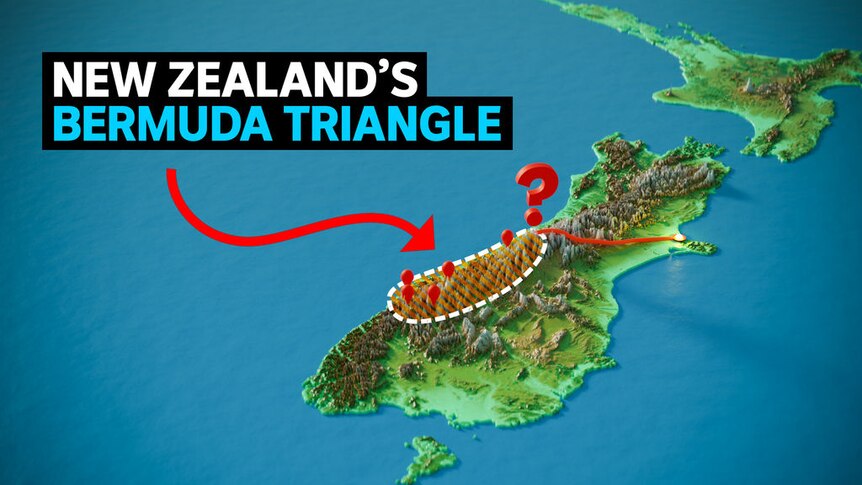 New Zealand's Bermuda Triangle: A graphic map of New Zealand with a circle highlighted and a red question mark.