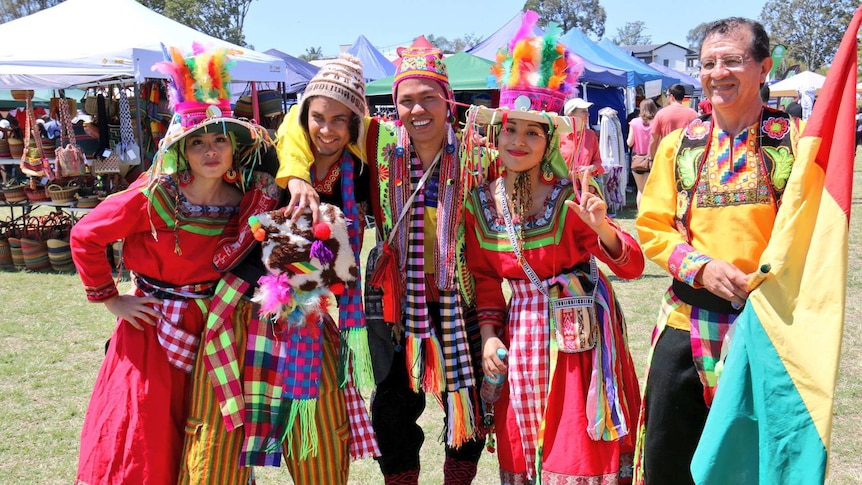 Bolivian immigrants in traditional dress.