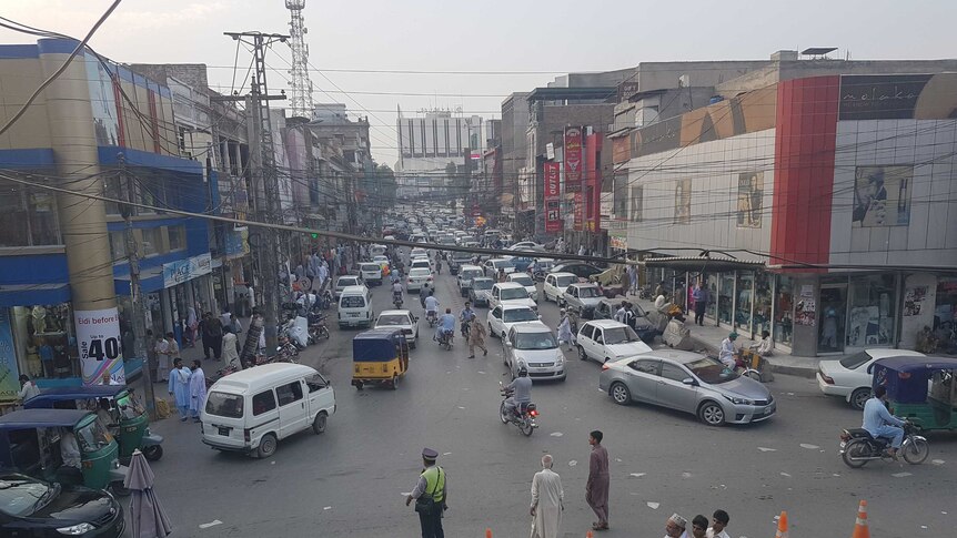 Heavy traffic clogs the streets in a busy bazar in Peshawar's cantonment area.