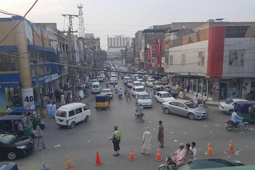 Heavy traffic clogs the streets in a busy bazar in Peshawar's cantonment area.
