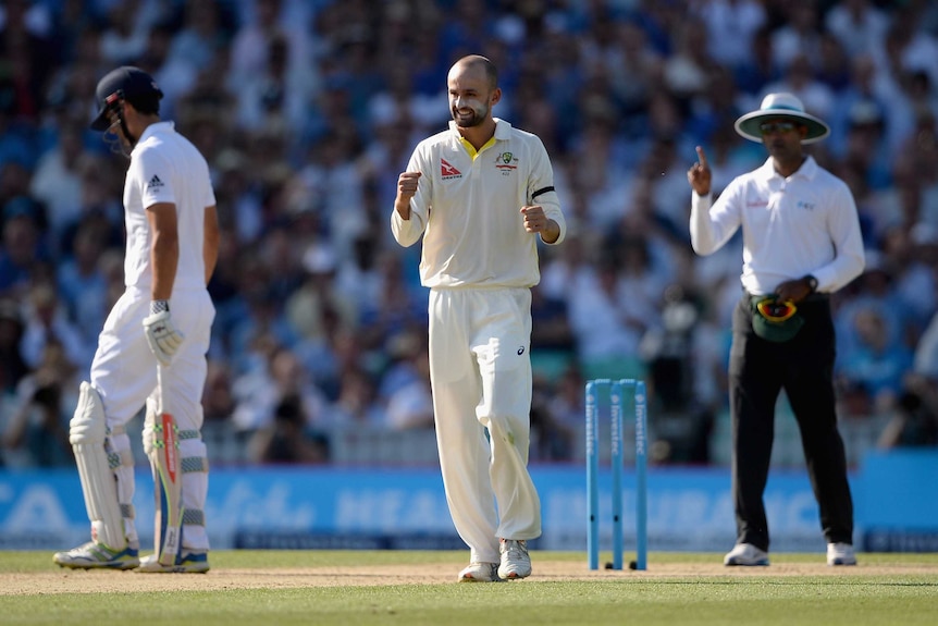 Nathan Lyon celebrates the dismissal of Jonny Bairstow at The Oval.