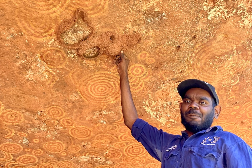 A man in a blue shirt points to swallow nests on rock art