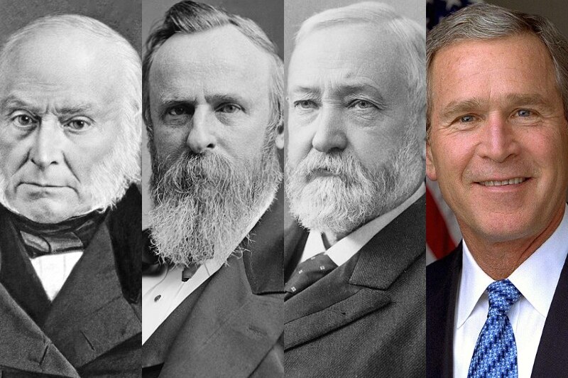 A composite image of John Quincy Adams, Rutherford B. Hayes, Benjamin Harrison and George W. Bush