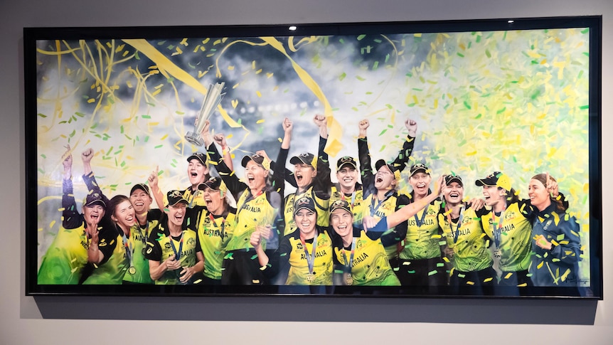 Painting of a women's cricket team as they celebrate winning a tournament
