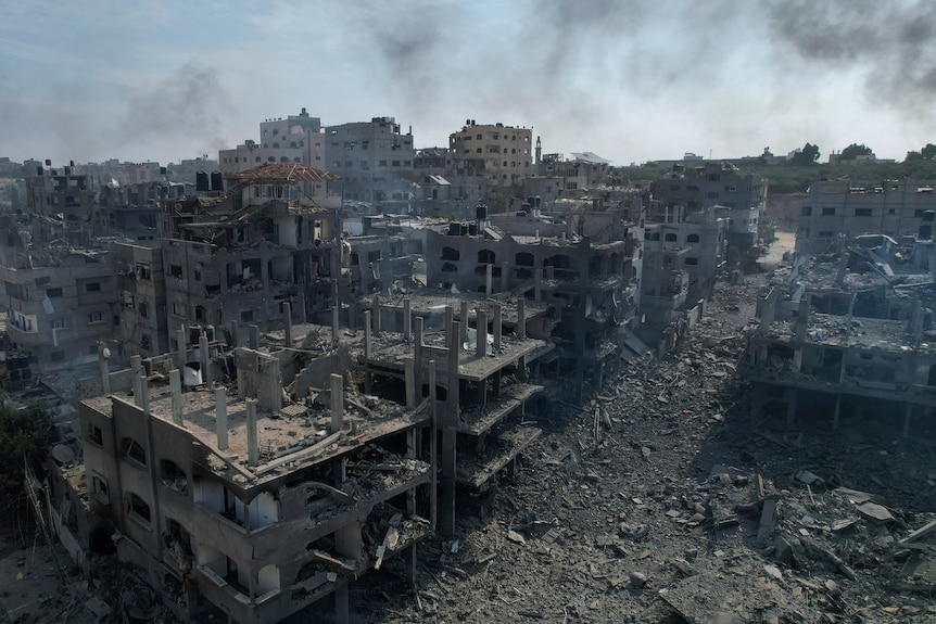 A view of the rubble of buildings hit by an Israeli airstrike.
