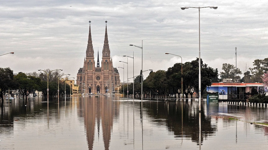 The flooded area by the Basilica of Our Lady of Lujan in Lujan, Buenos Aires province, Argentina