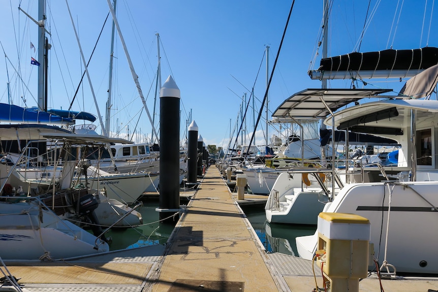 A concrete walkway between dozens of sailing boats which sit either side.