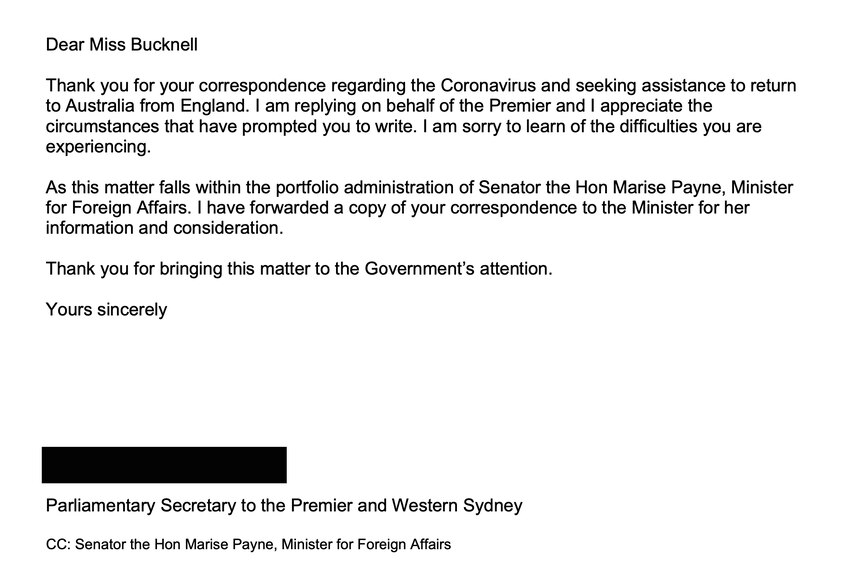 A screenshot of the email from the NSW Premier's office