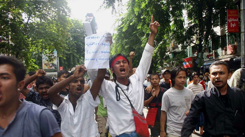 Protestors chanting slogans during a protest rally in downtown Rangoon, Burma.