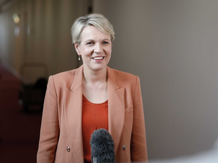 A woman with short blonde hair wearing a peach blazer jacket standing in front of a microphone in a corridor