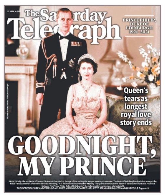 The front page of the Daily Telegraph newspaper the day after the death of Prince Philip.