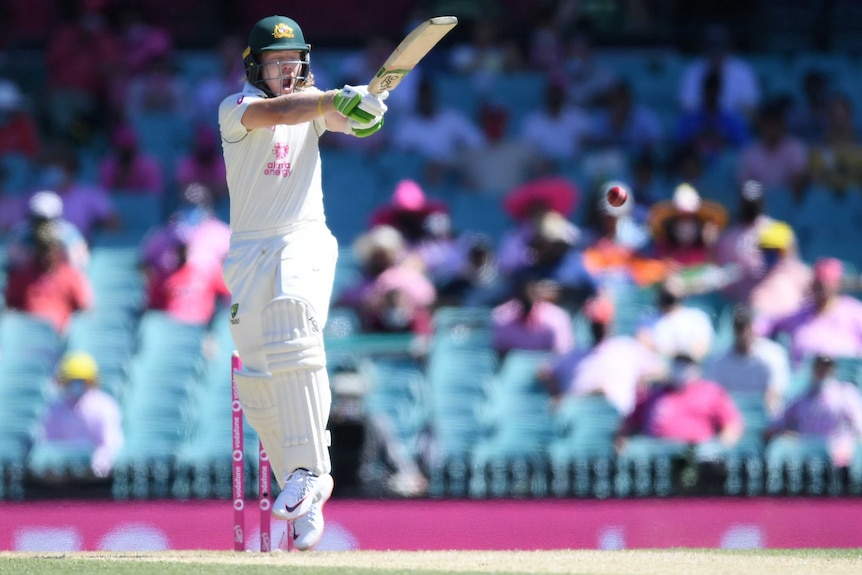 Australia batsman Will Pucovski pulls a cricket ball away.