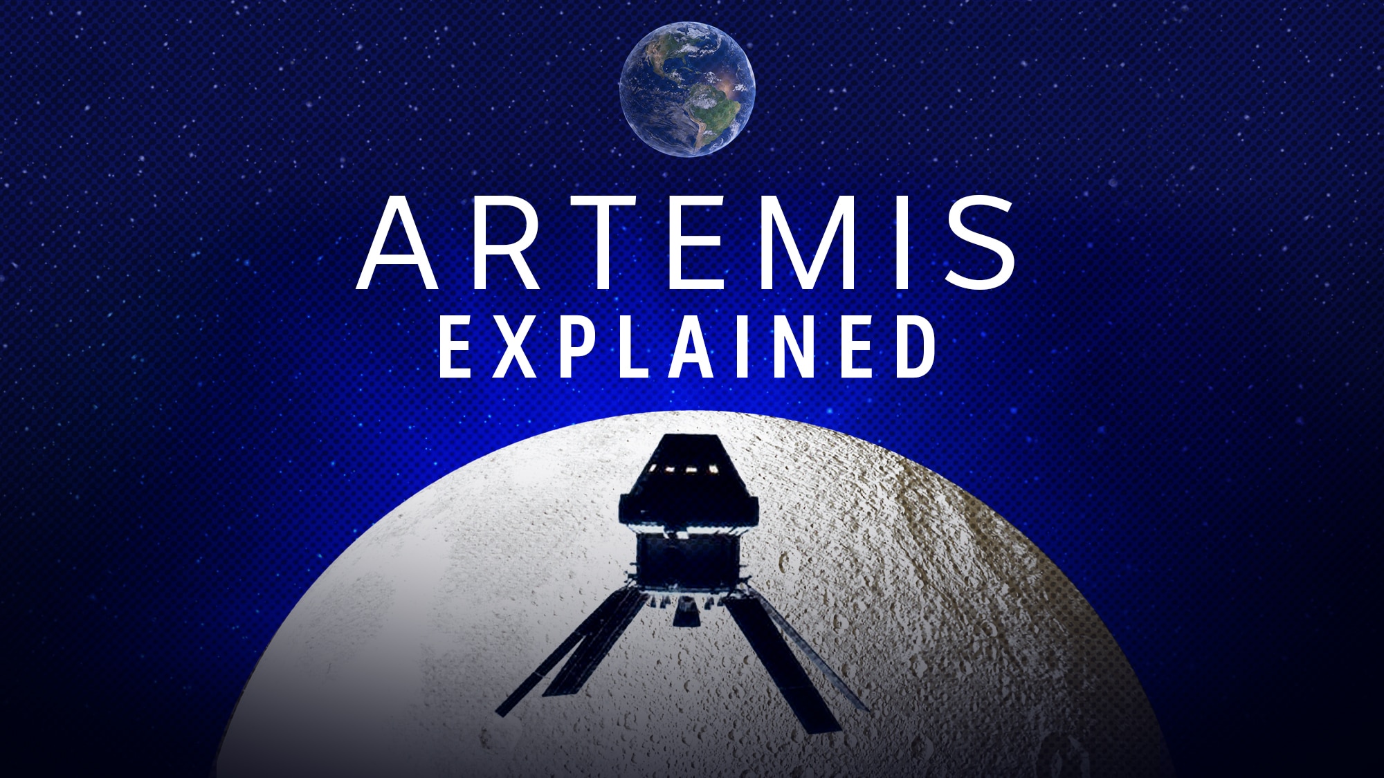 The artwork for Artemis Explained. The moon with earth at the back,