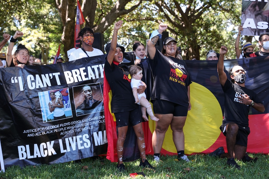 Australia Day protestors demanding the date be changed to respect indigenous Australians, January 26, 2021.